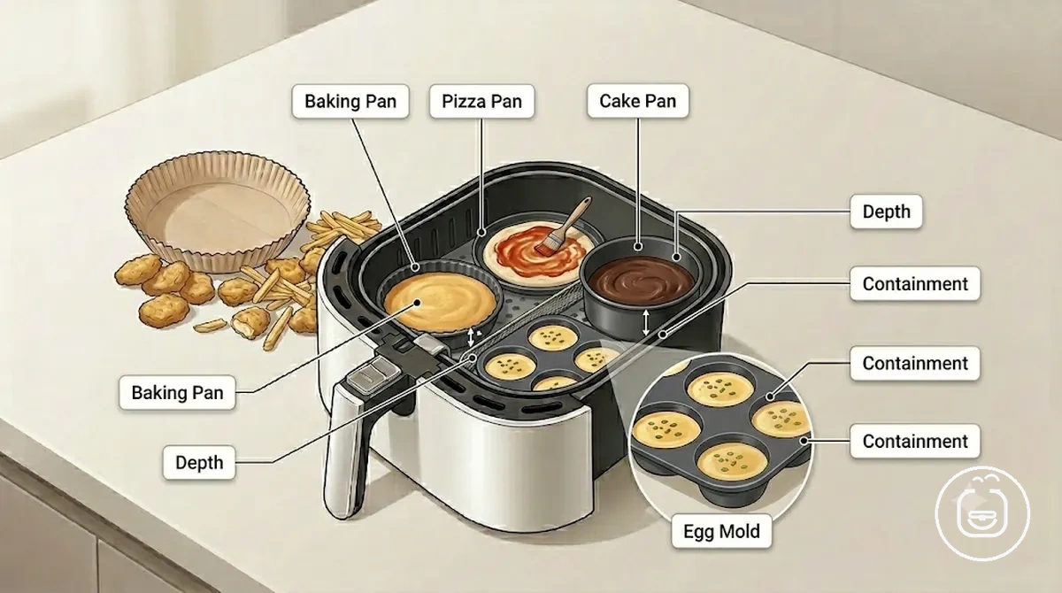 Beschriftete Backform, Pizzablech, Kuchenform und Eierform für die Heißluftfritteuse
