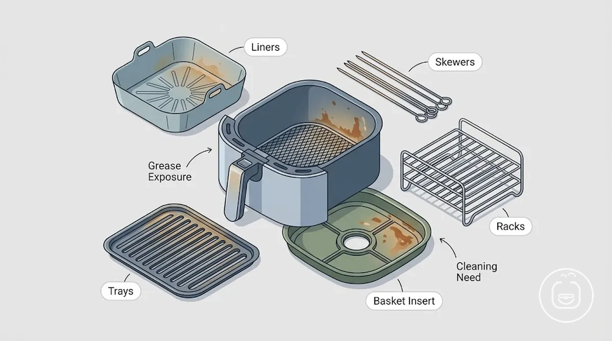 Removable air fryer accessories used for cleaning after cooking