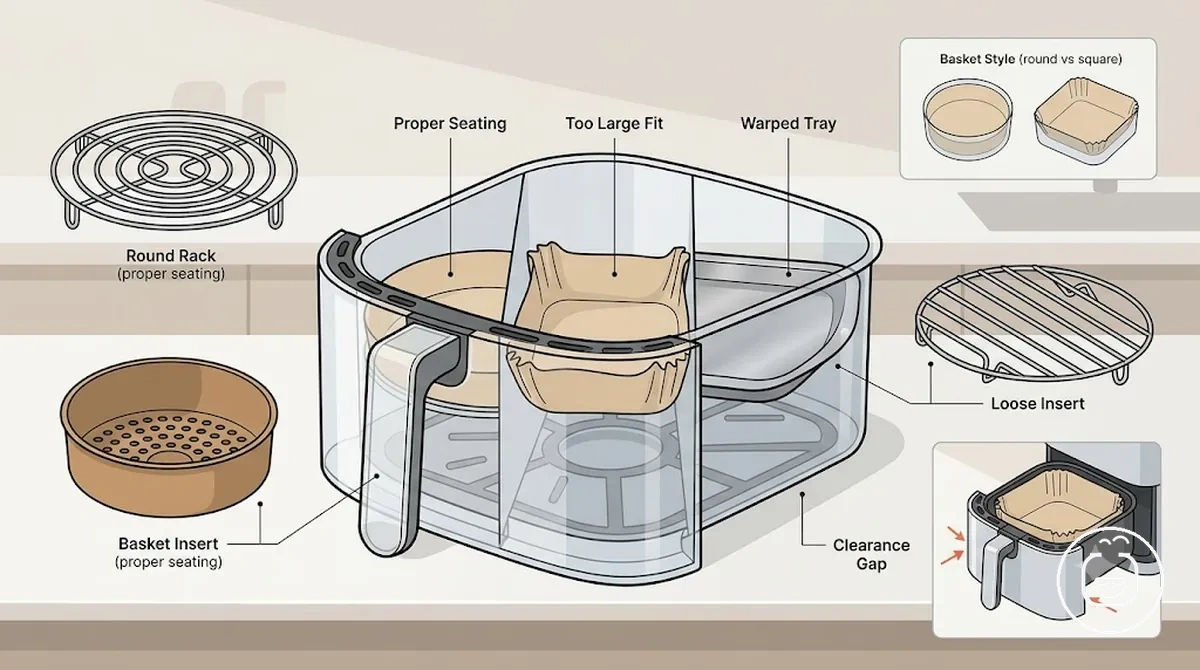 Air fryer liner and tray fit comparison inside a basket showing seating and clearance issues