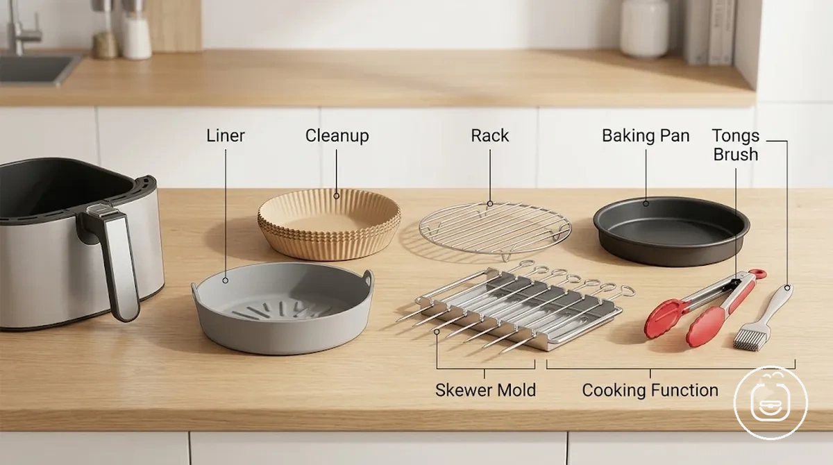 Common air fryer accessory set pieces labeled by cooking and cleanup function