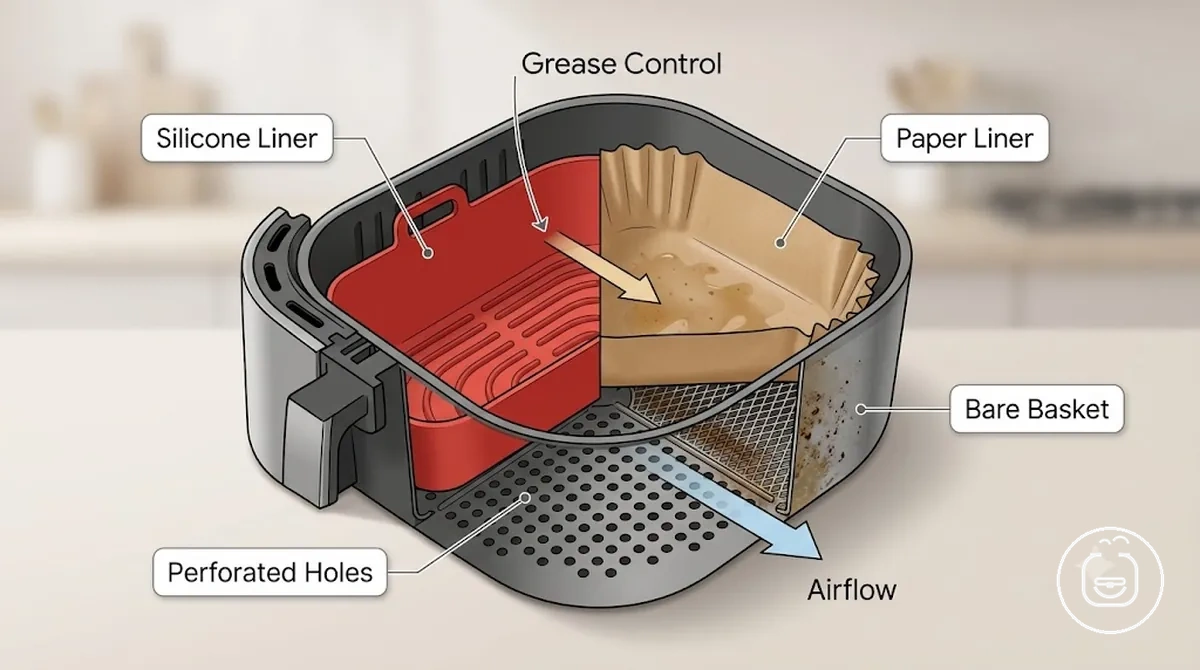 Air fryer liner options showing silicone liner, paper liner, perforations and bare basket alternative