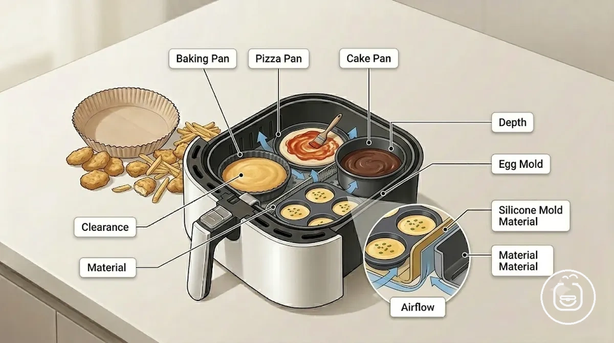 Bandeja de horno, bandeja para pizza y molde para huevos para freidora de aire, con espacio libre en la cesta