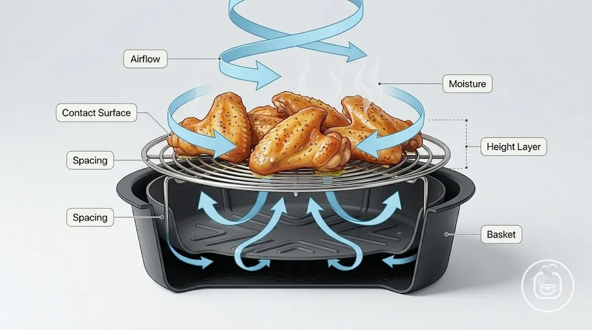 Cesta de freidora de aire que muestra cómo los accesorios se colocan entre los alimentos y la cesta