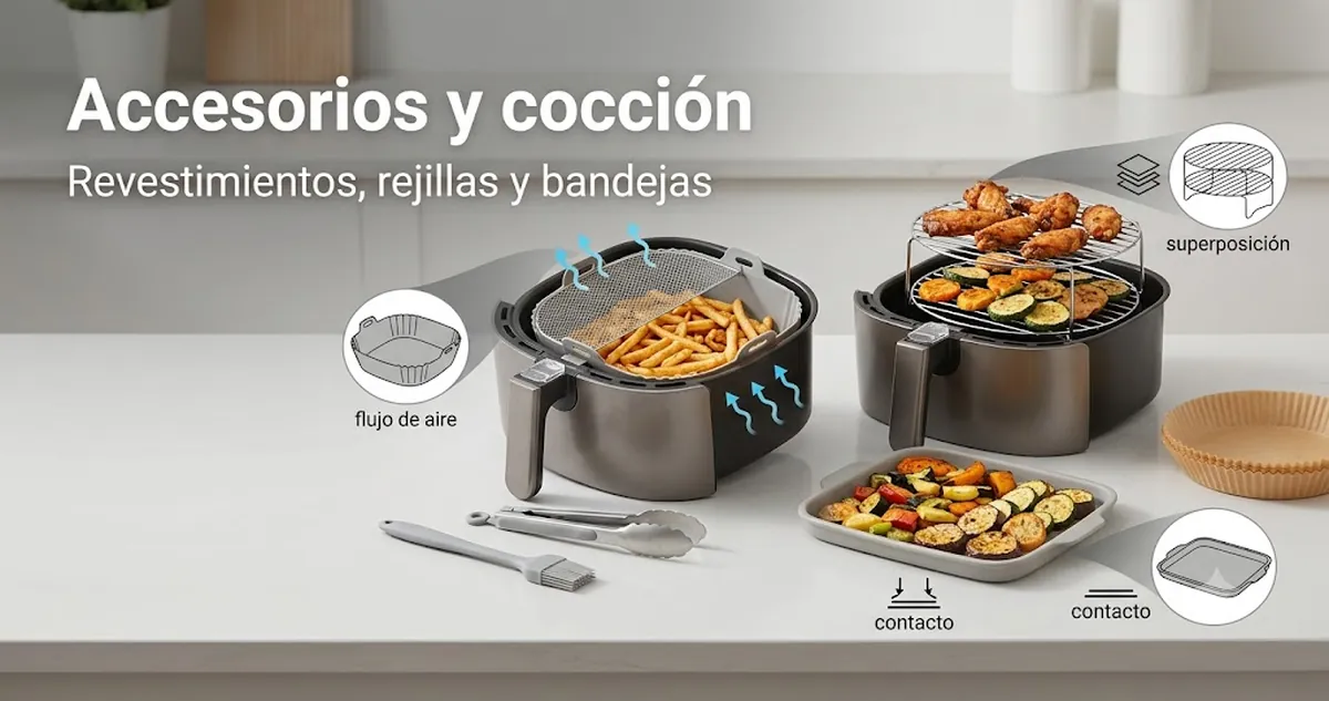 Accesorios para freidora de aire colocados para mostrar cómo afectan revestimientos, rejillas y bandejas al resultado de cocción