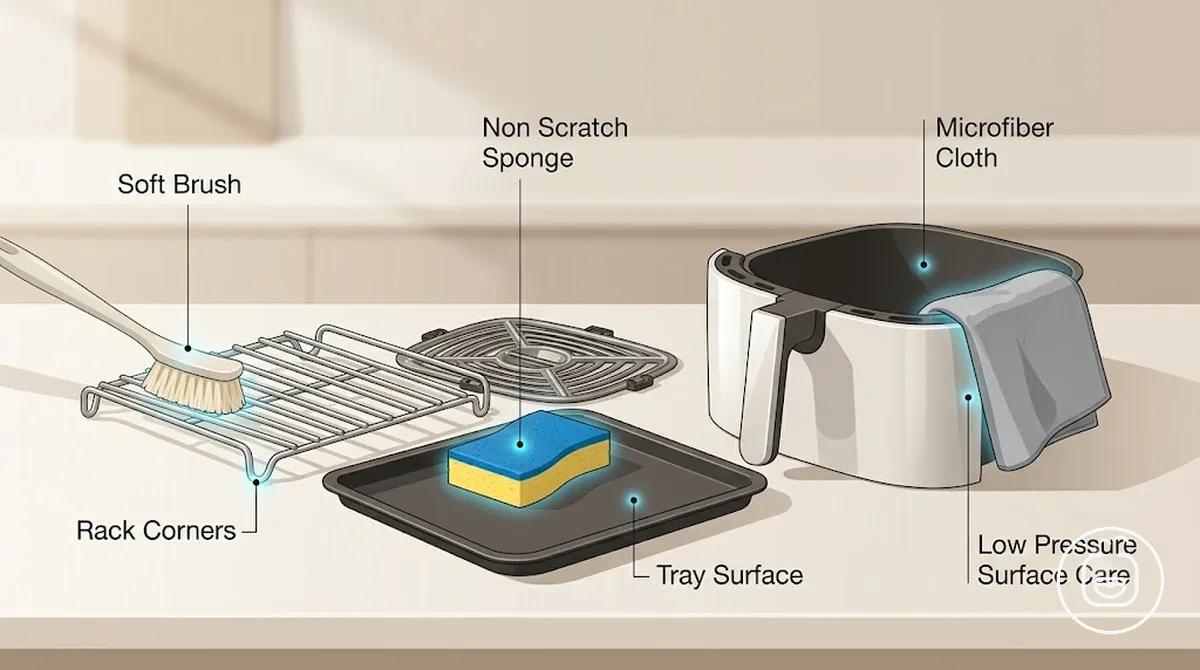 Brosses, éponges et chiffons non abrasifs pour le nettoyage des accessoires de friteuse sans huile