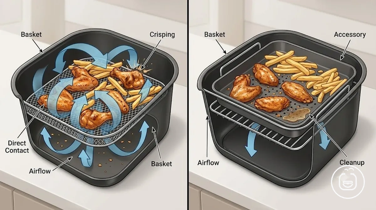Comparaison entre des aliments cuits directement dans le panier et avec un accessoire montrant les différences de circulation d air et de nettoyage