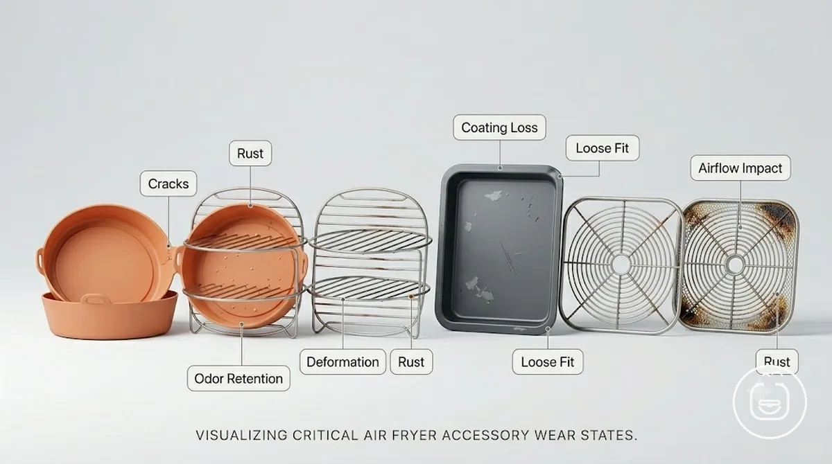 Accessoires de friteuse sans huile montrant des signes d usure affectant la sécurité et la fiabilité