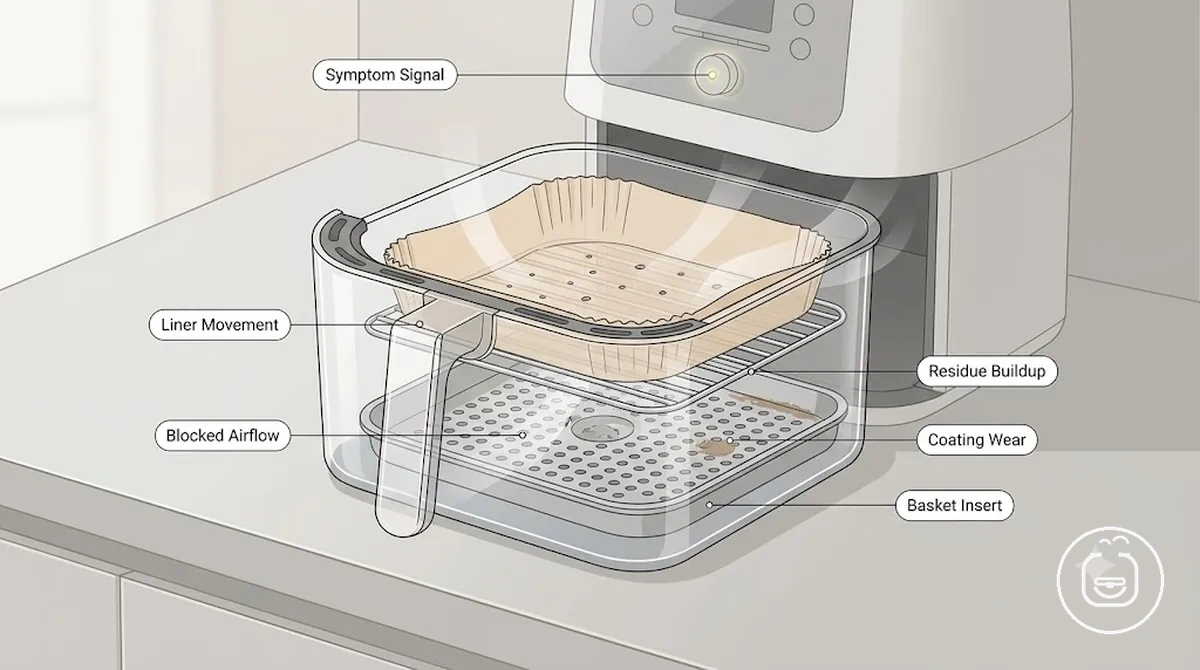 Panier de friteuse sans huile annoté montrant les symptômes d’un problème d’accessoire
