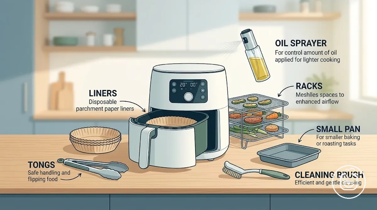 Configuração inicial simples de acessórios para air fryer para novos usuários com ferramentas básicas de cozimento e limpeza