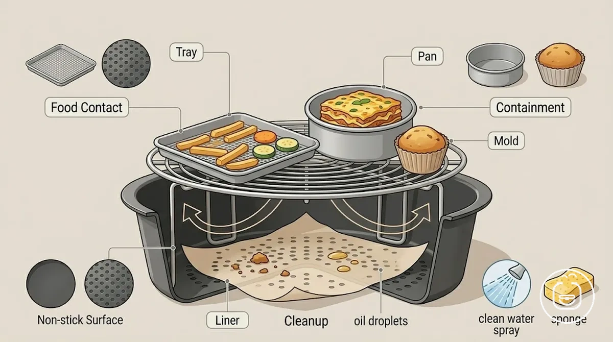 Forro, forma e bandeja para air fryer mostrando as funções de contato com alimentos, contenção e limpeza
