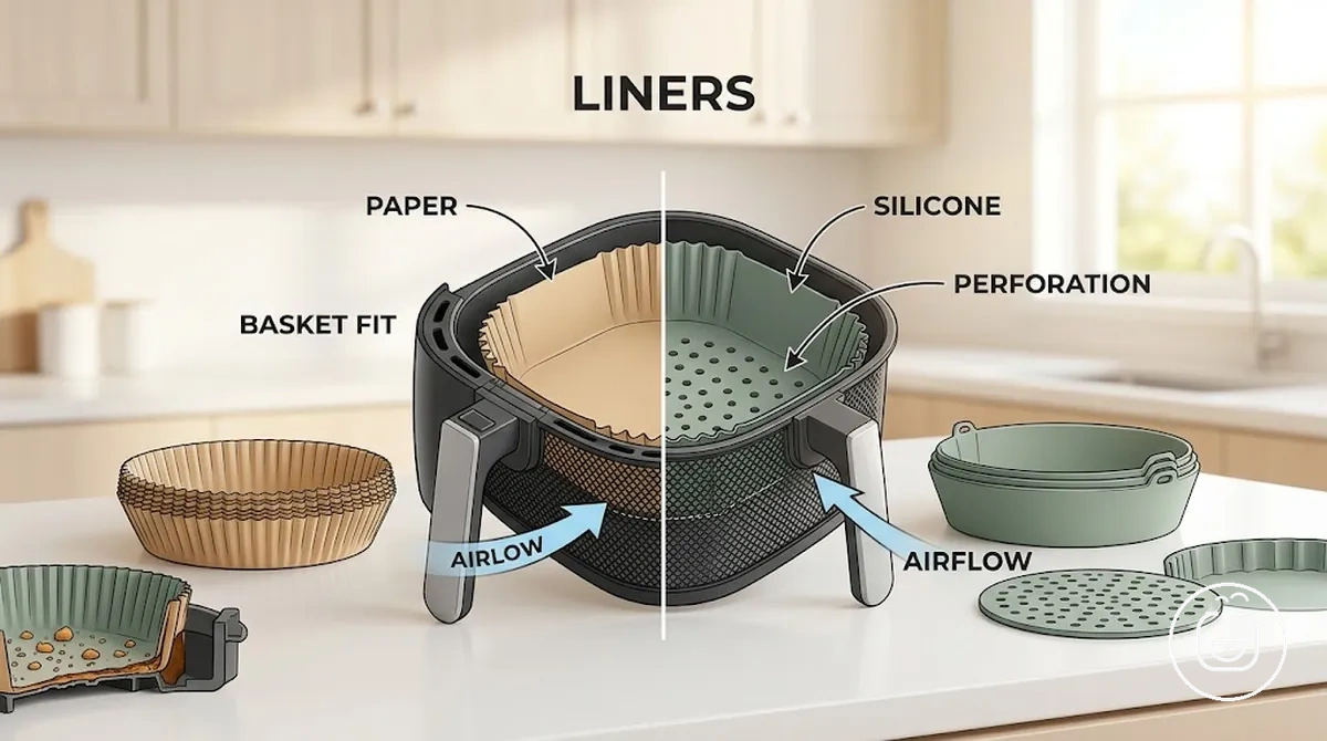 Cesto de air fryer com forros mostrando proteção para limpeza e considerações de fluxo de ar