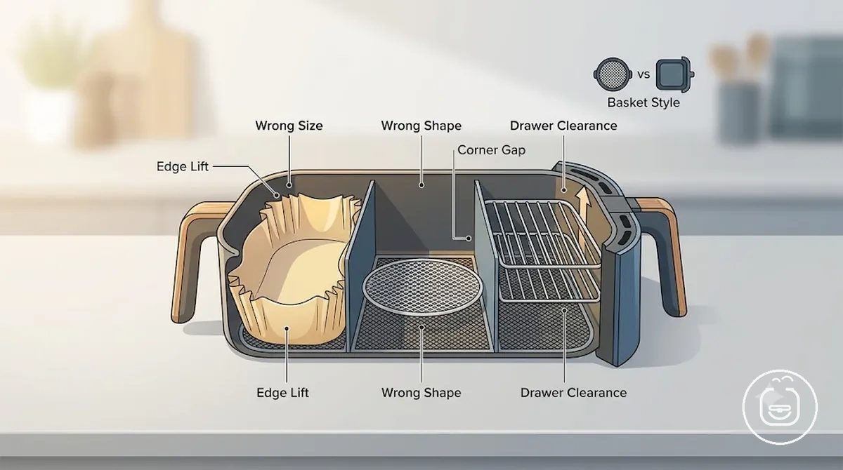 Diagrama de tamanho, formato ou estilo de cesto incorreto para air fryer mostrando diferenças de espaço livre e posicionamento