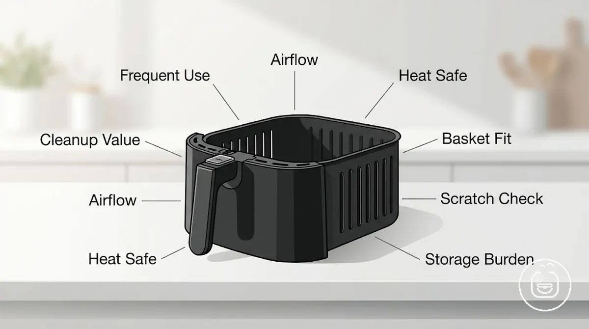 Critérios para acessórios essenciais de air fryer mostrando encaixe, fluxo de ar, limpeza e material resistente ao calor