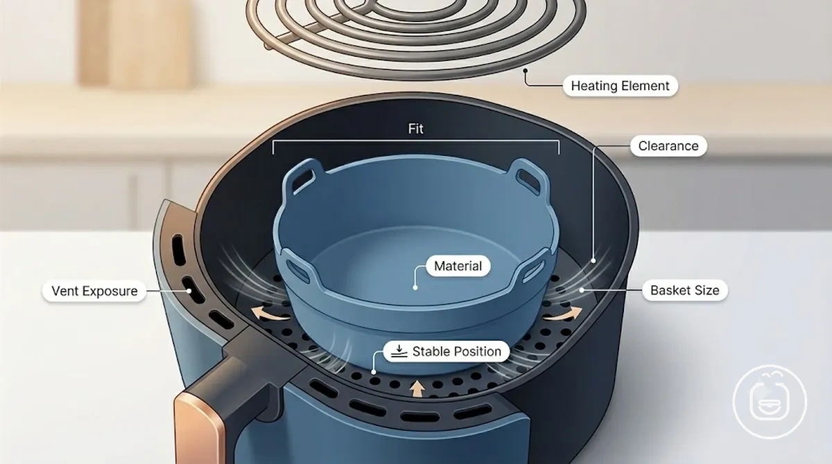 Acessório posicionado dentro de uma cesta de air fryer com espaço visível e exposição das saídas de ar
