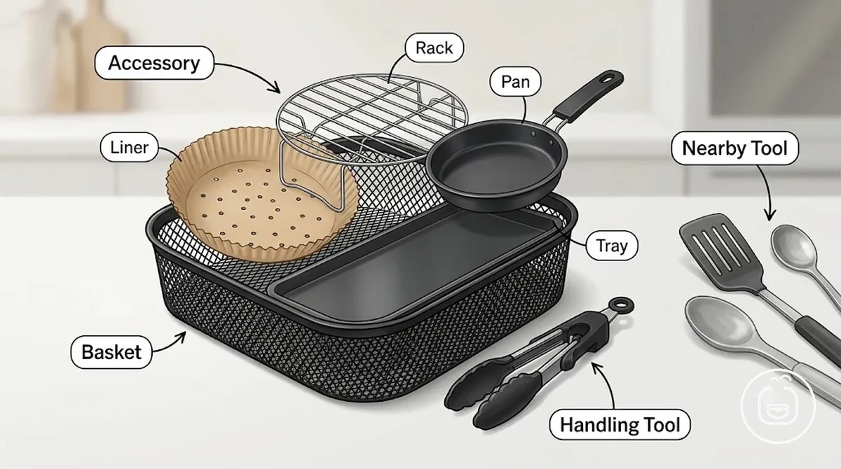 air fryer sepeti, yaygın aksesuarlar ve kullanımına göre etiketlenmiş yakın araçlar