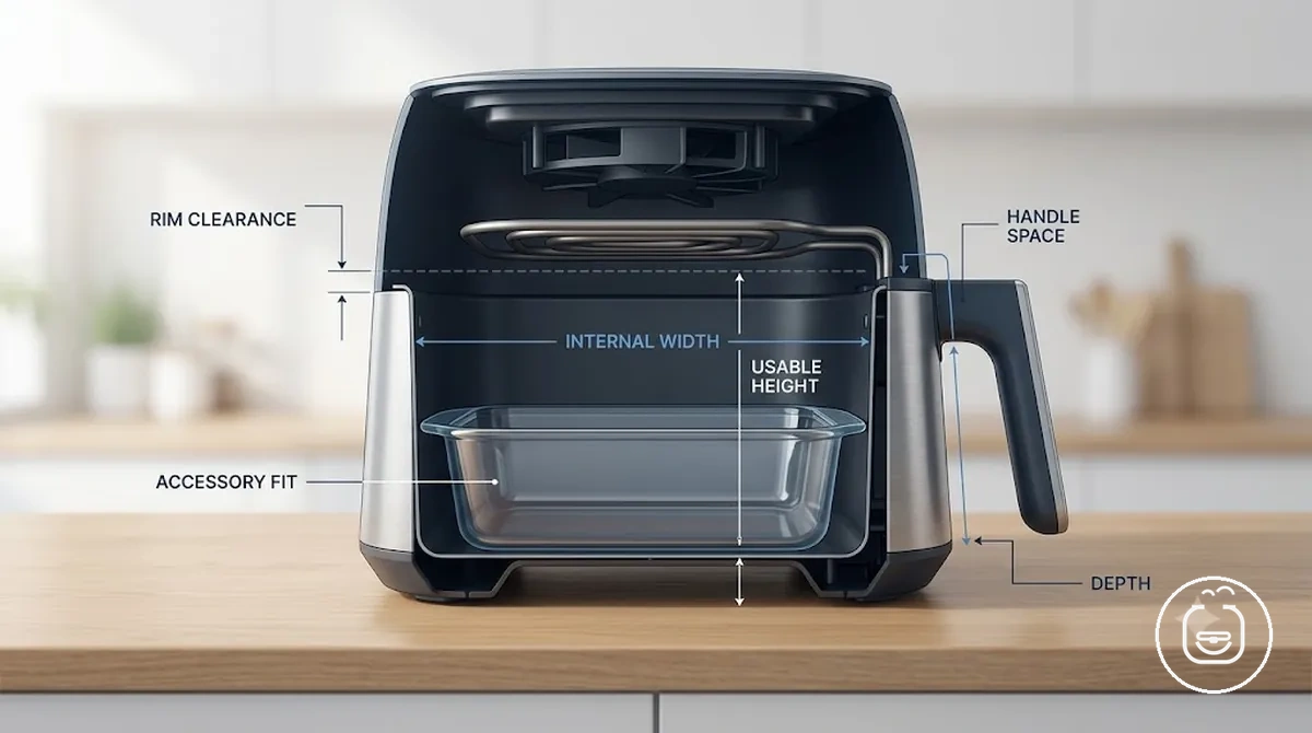 Air fryer sepetinin aksesuar uyumu için işaretlenmiş iç genişlik, derinlik ve kullanılabilir yüksekliği gösteren görüntü