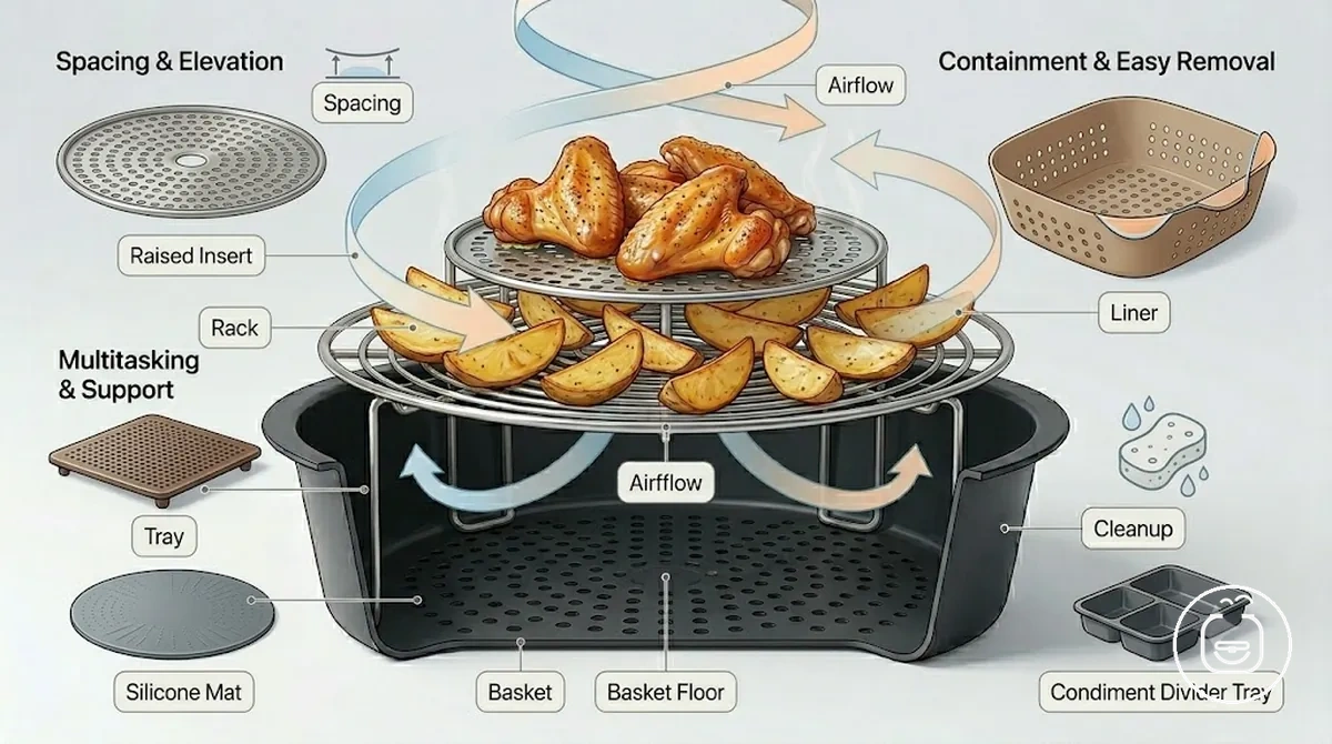 Sepet içinde ve çevresinde işlev tabanlı eklentiler olarak gösterilen hava fritöz aksesuarları