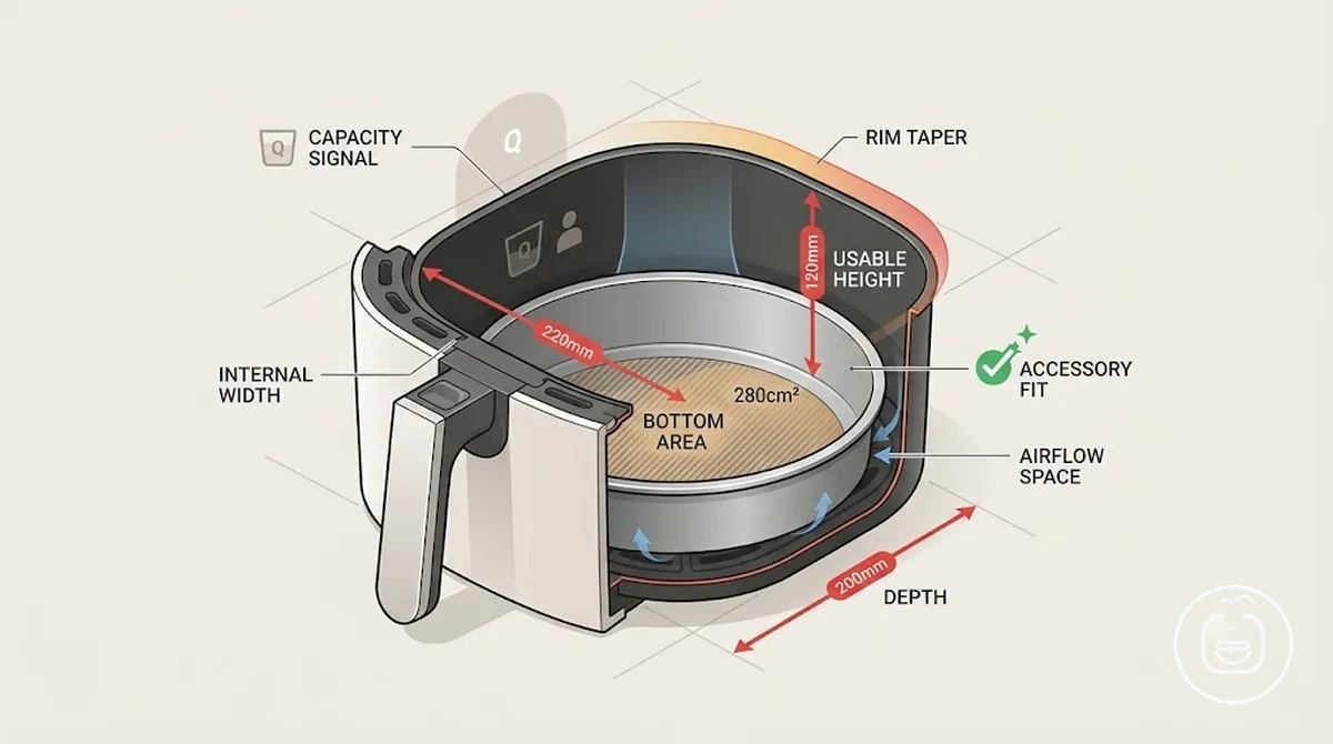 Air fryer sepetinin iç genişlik, derinlik, kullanılabilir yükseklik ve kenar daralmasını gösteren şema