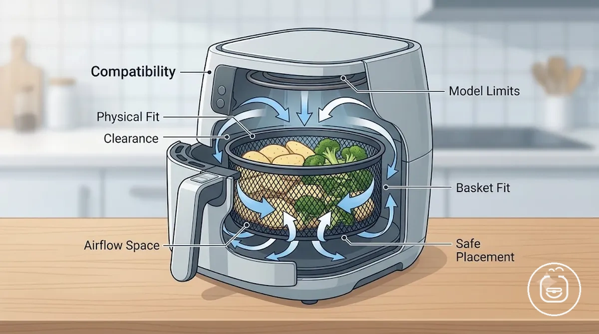 Air fryer aksesuarının sepet içinde boşluk ve hava akışını gösteren görüntüsü