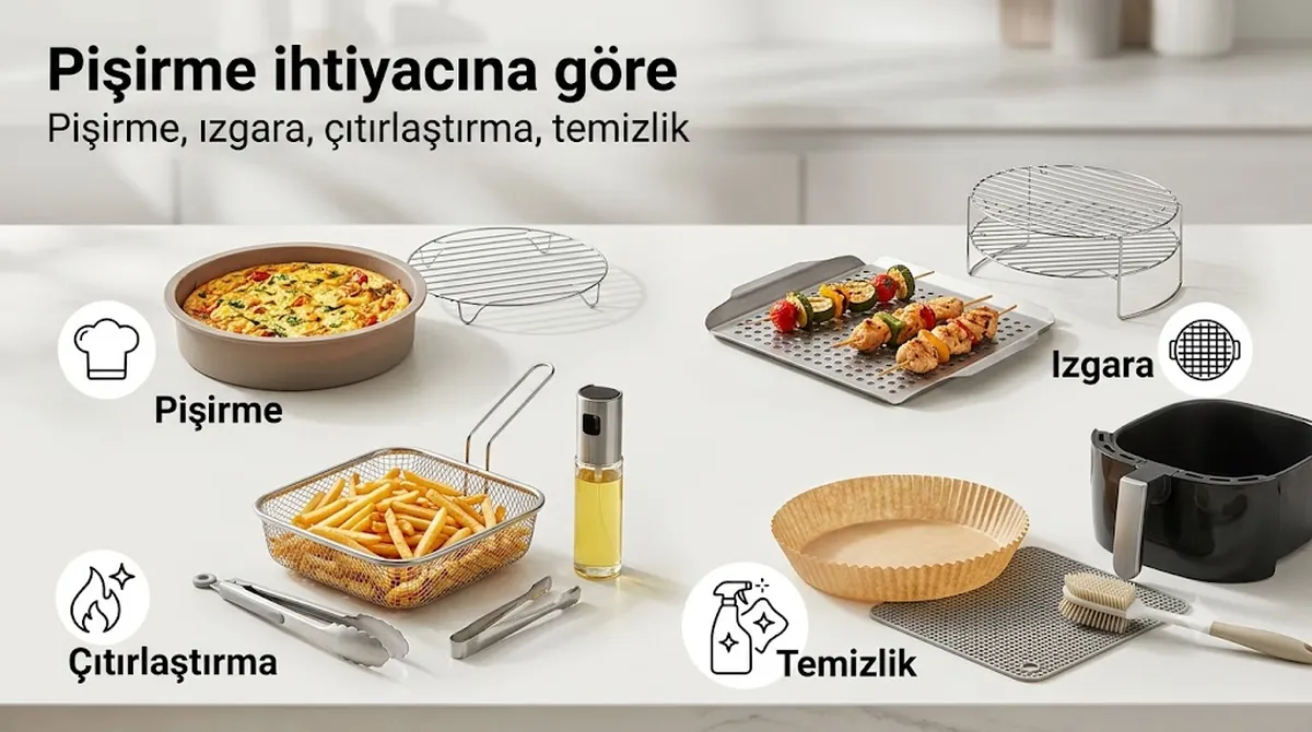 Pişirme, ızgara, çıtırlaştırma ve temizlik ihtiyaçlarına göre eşleştirilen air fryer aksesuarları
